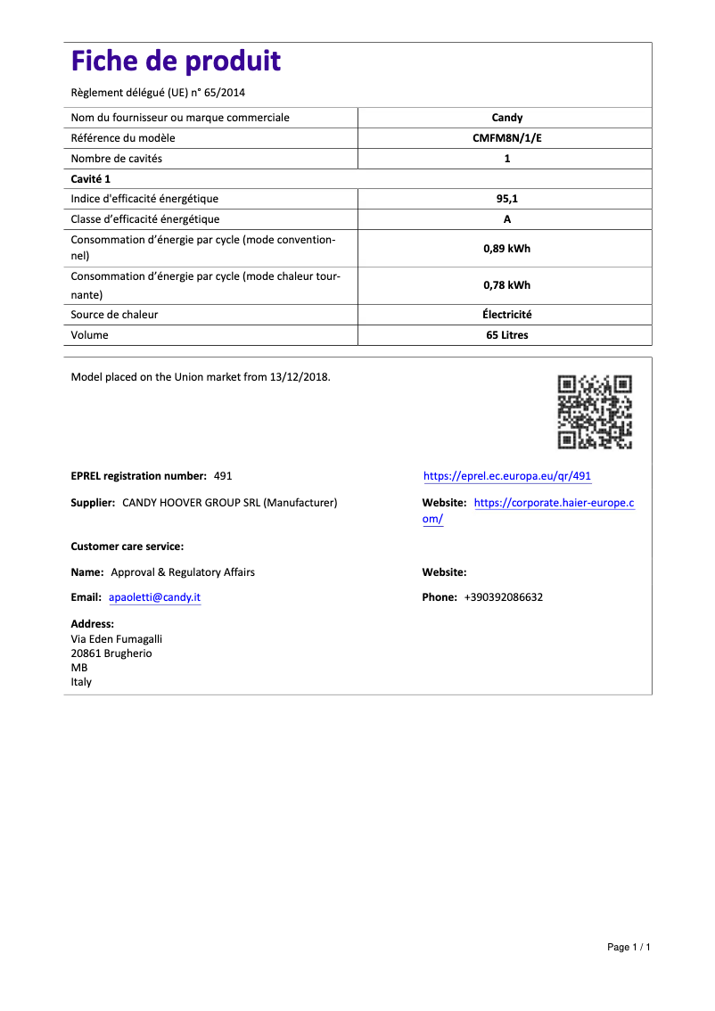 Page 1 de la notice Manuel utilisateur Candy CMFM8N/1/E