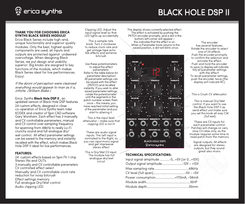 Page n°1 - Manuel utilisateur Erica Synths Black Hole DSP II