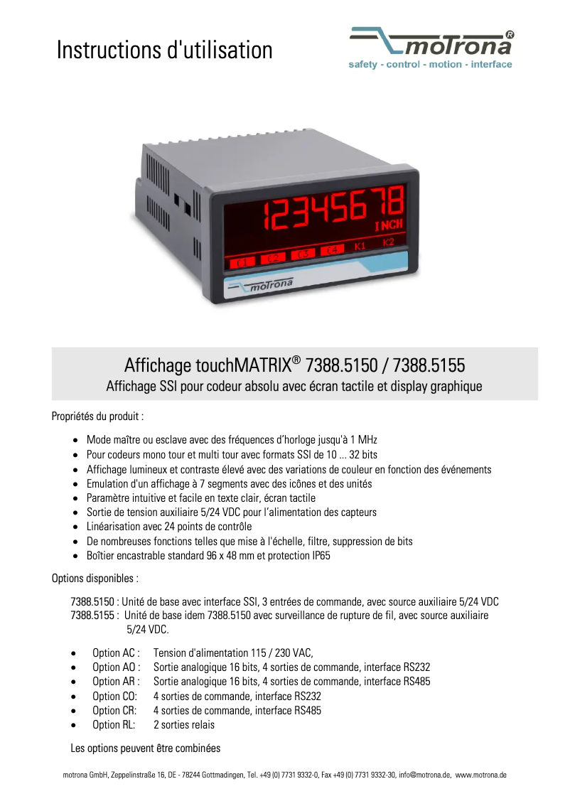Page n°1 - Manuel utilisateur Motrona touchMATRIX 7388.5150