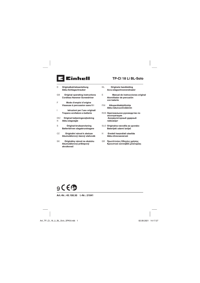 Page 1 de la notice Manuel utilisateur Einhell TP-CI 18 Li BL - Solo