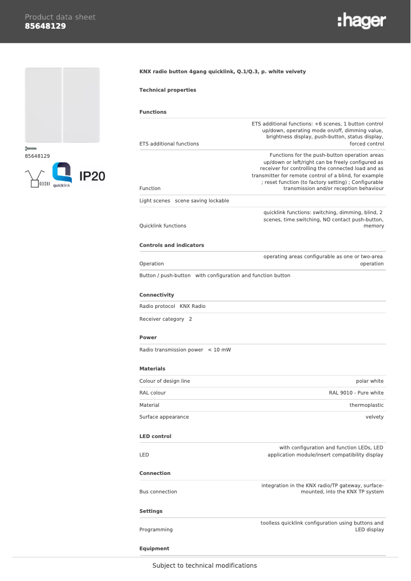 Page n°1 - Fiche technique Hager 85648129