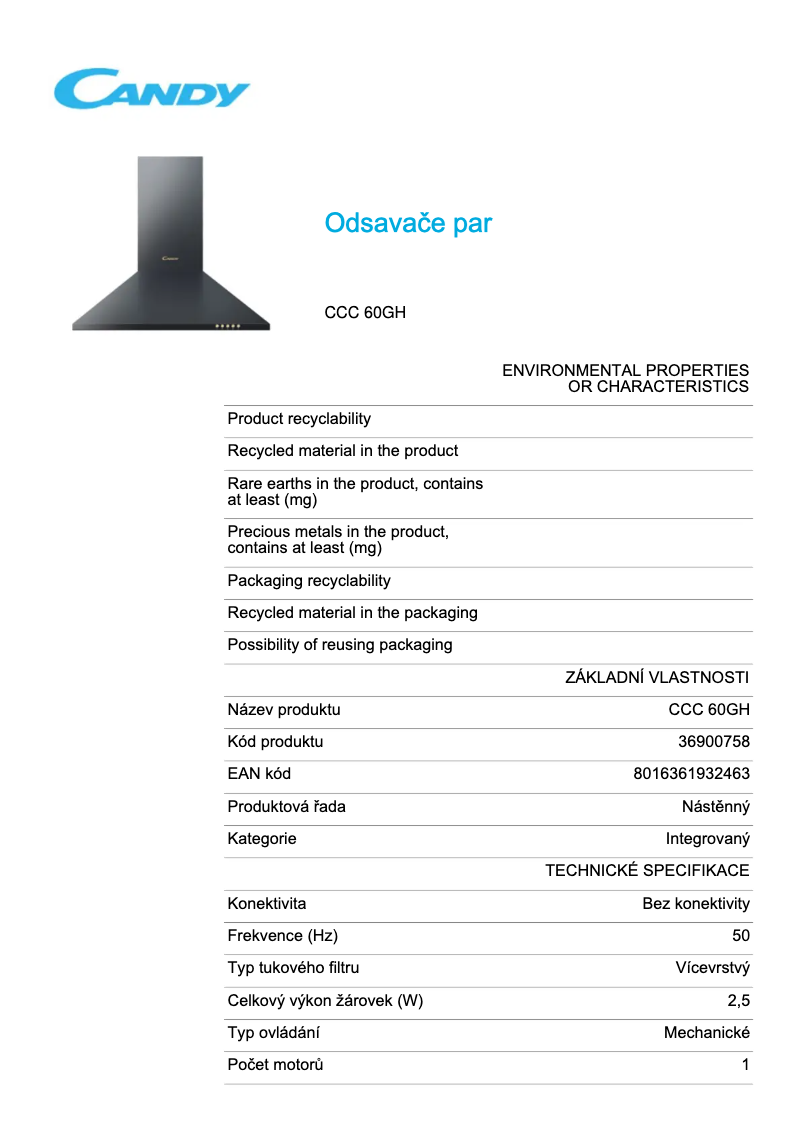Page 1 de la notice Fiche technique Candy CCC 60GH
