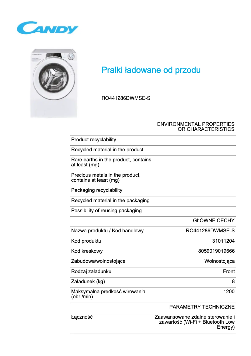 Page 1 de la notice Fiche technique Candy RO441286DWMSE-S