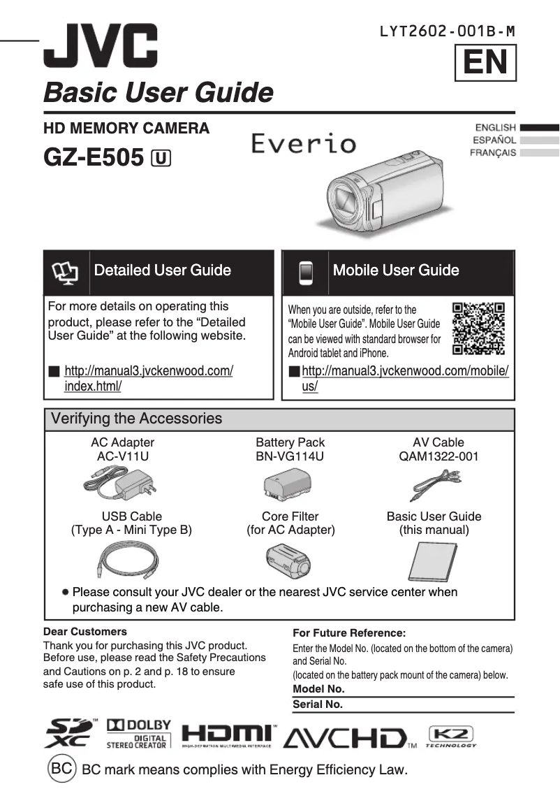 Page n°1 - Manuel utilisateur JVC Everio GZ-E505B