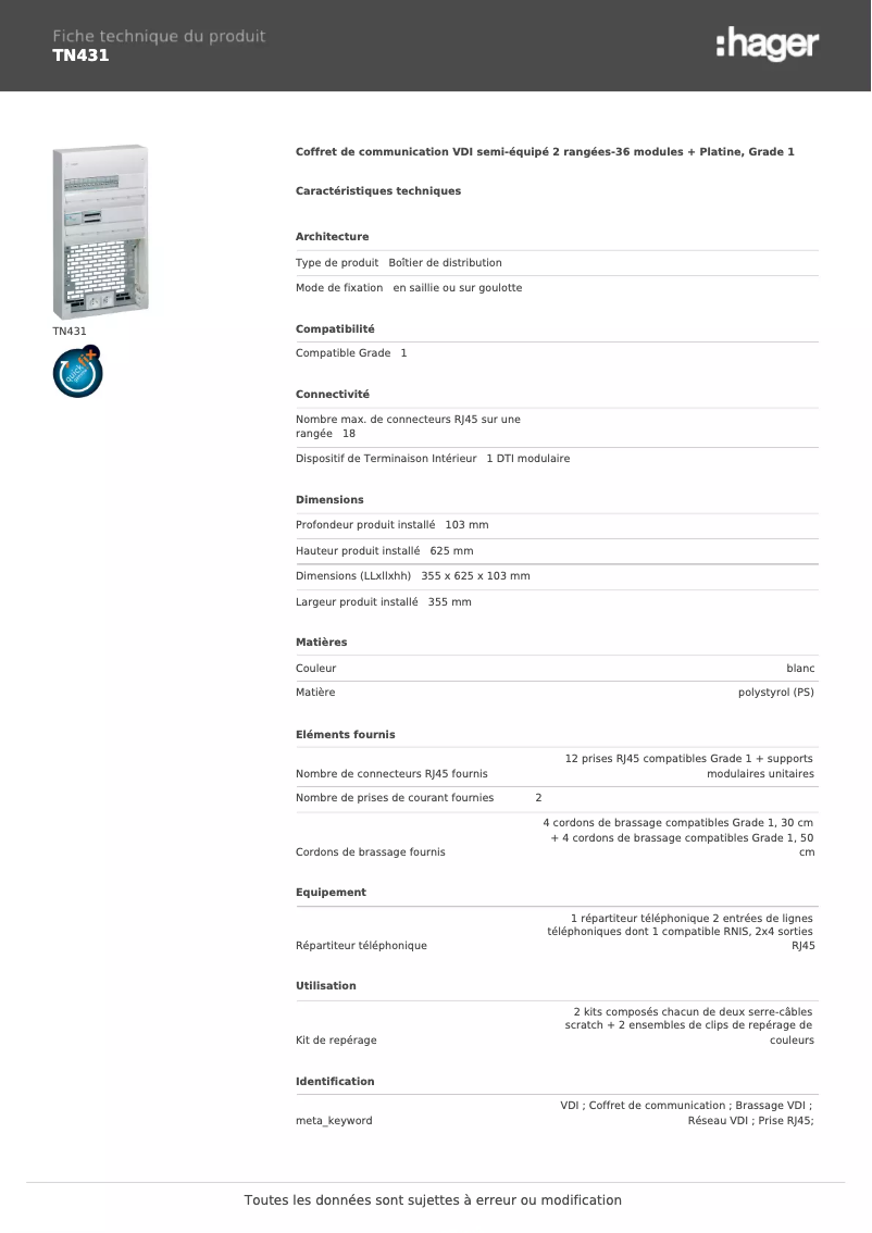 Page n°1 - Fiche technique Hager TN431