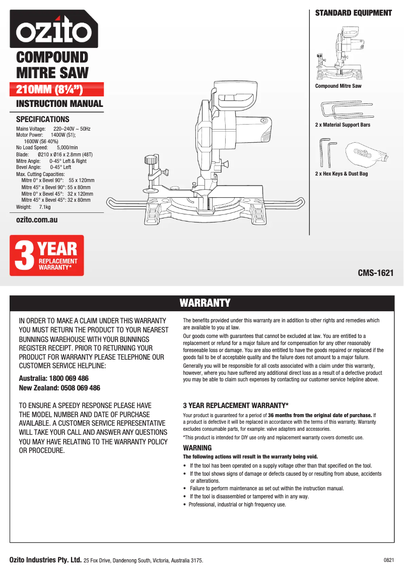 Page 1 de la notice Manuel utilisateur Ozito CMS-1621