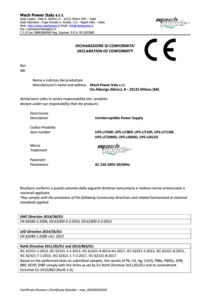 Page 1 de la notice Manuel utilisateur Mach Power UPS-LIT20MD