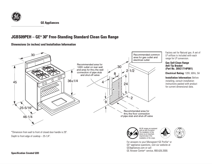 Page n°1 - Fiche technique GE JGBS09PEHWW