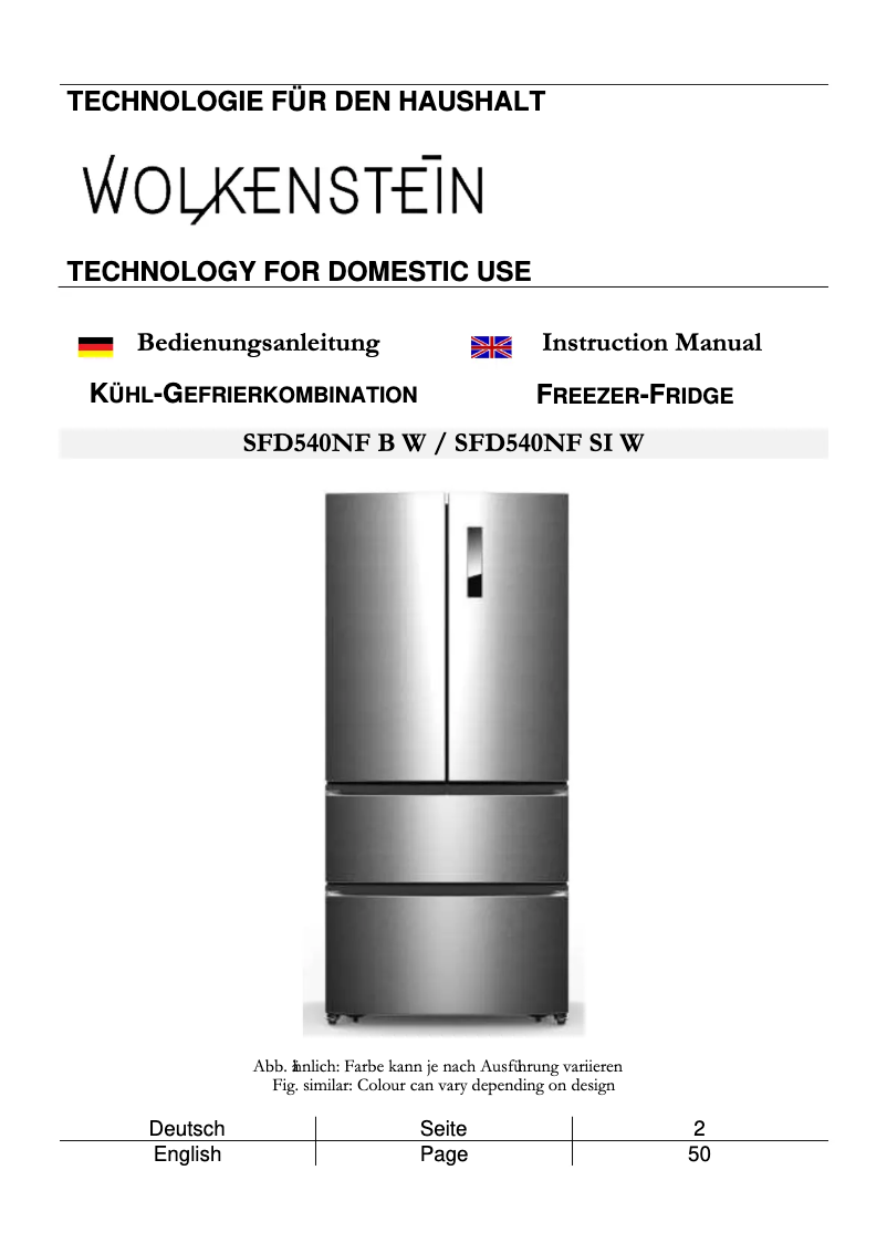 Page n°1 - Manuel utilisateur Wolkenstein WFD540NF B