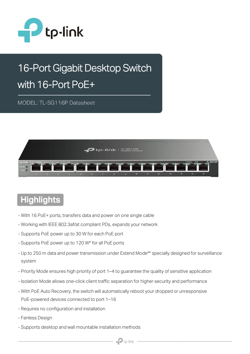 Page 1 de la notice Fiche technique TP-Link TL-SG116P