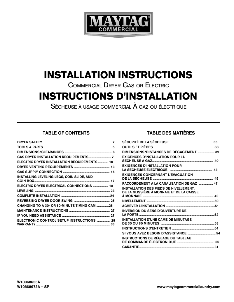 Page n°1 - Guide d'installation Maytag MDE20CSAYW