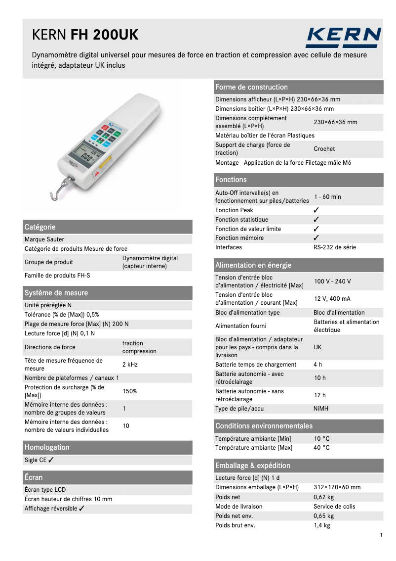 Page 1 de la notice Fiche technique Kern FH 200UK