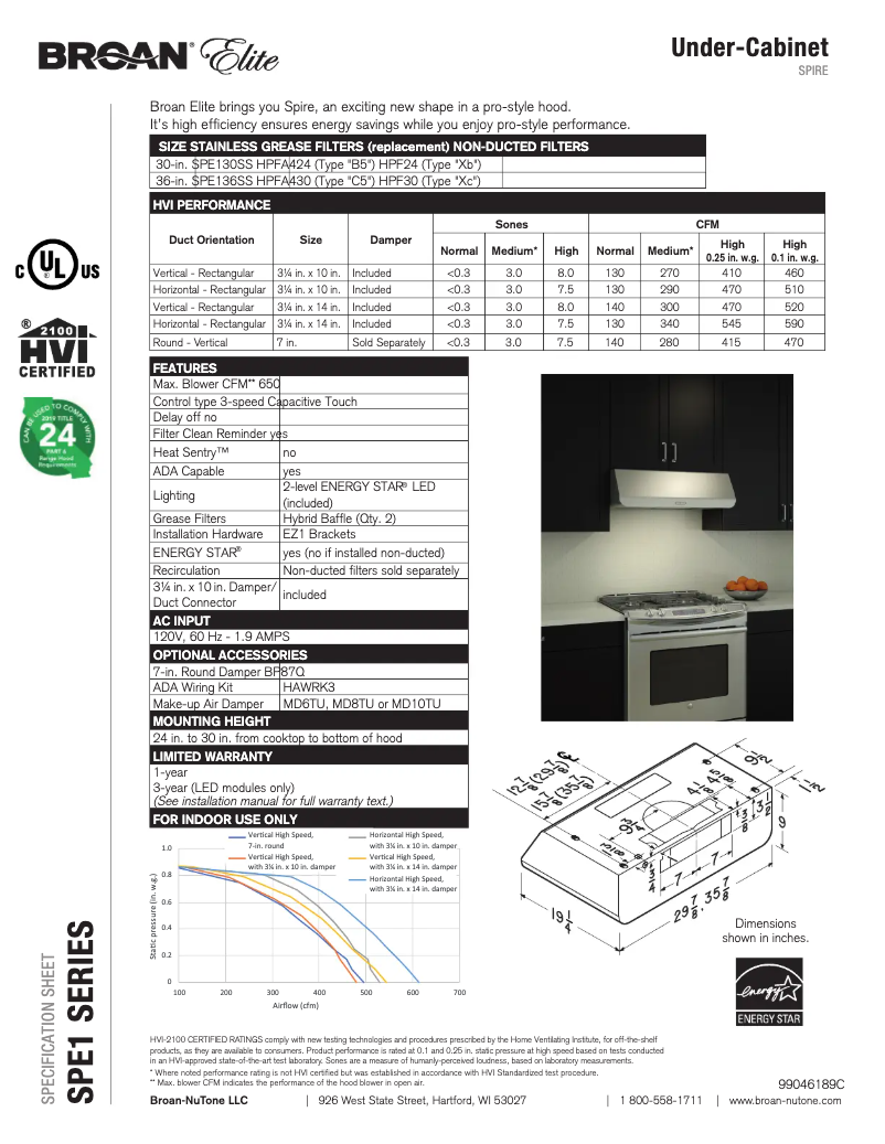 Page n°1 - Fiche technique Broan SPE136SS
