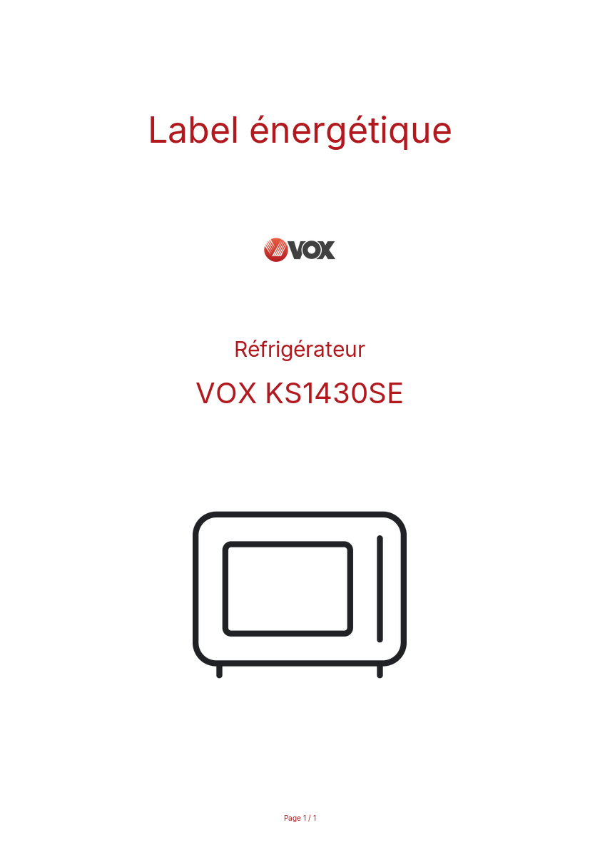 Page n°1 - Label énergétique VOX KS1430SE