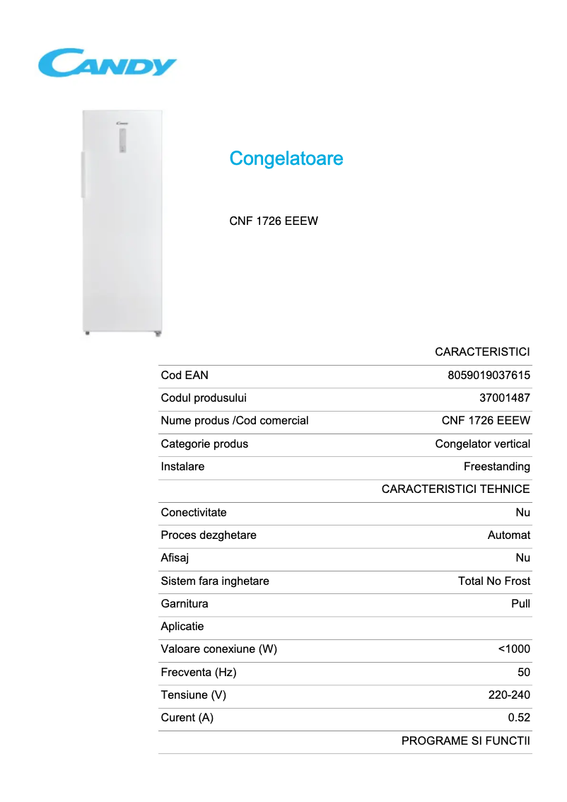 Page 1 de la notice Fiche technique Candy CNF 1726 EEEW