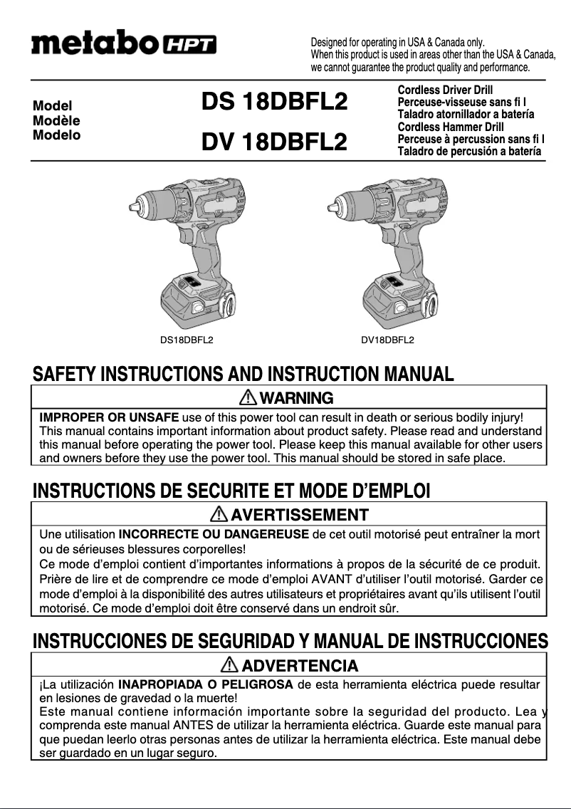 Page 1 de la notice Manuel utilisateur Metabo DS18DBFL2