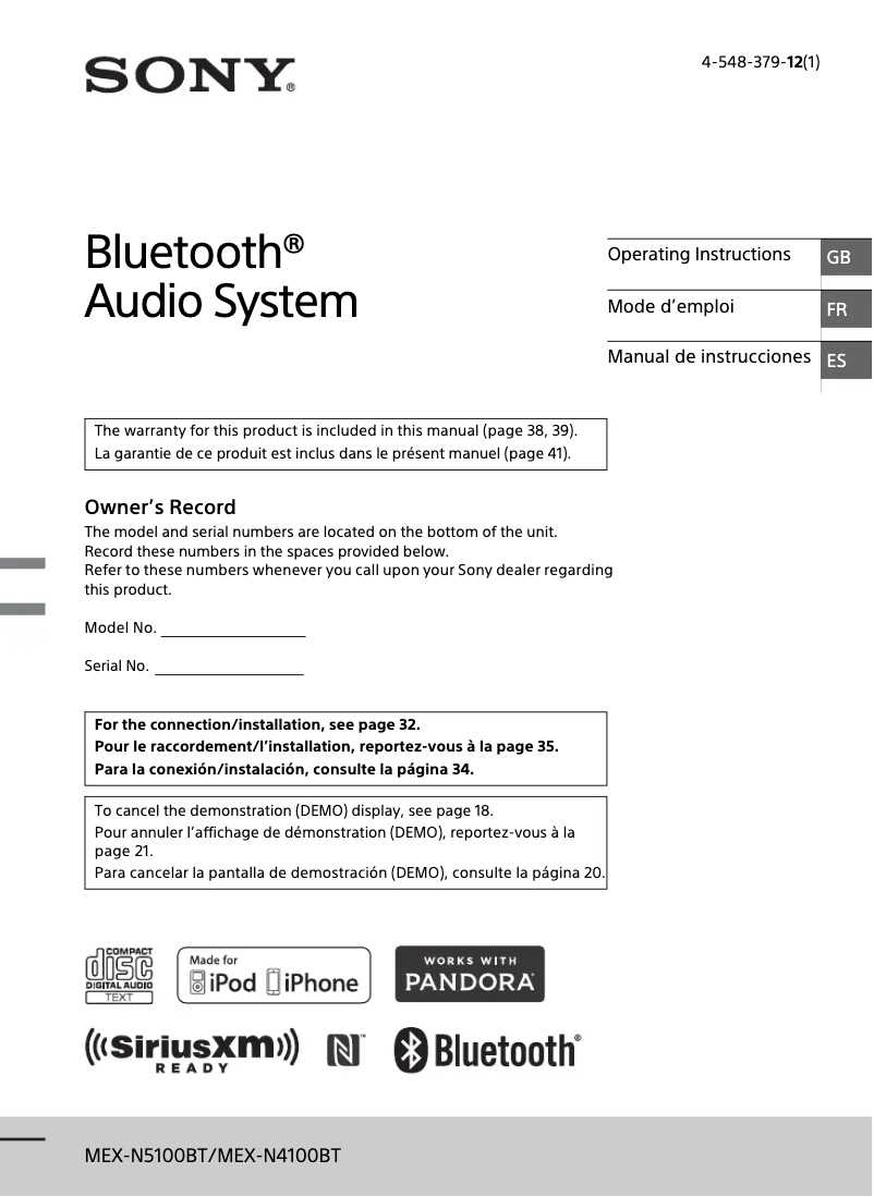 Page n°1 - Manuel utilisateur Sony MEX-N4100BT