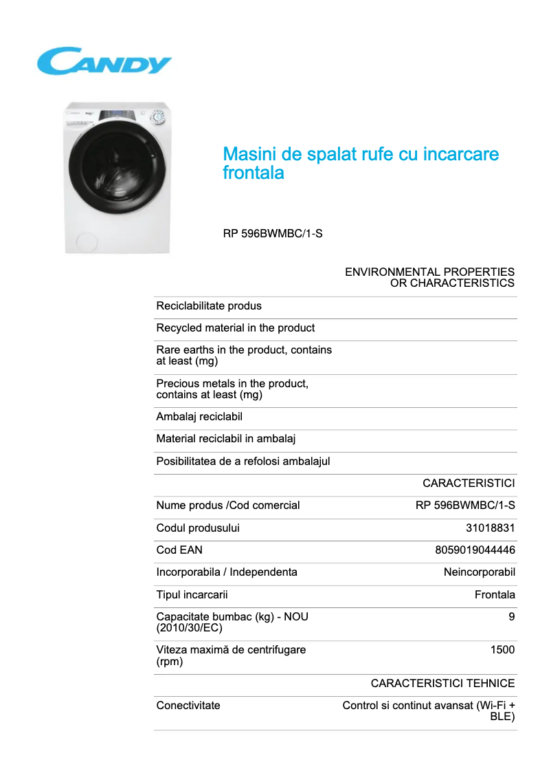 Page 1 de la notice Fiche technique Candy RP 596BWMBC/1-S