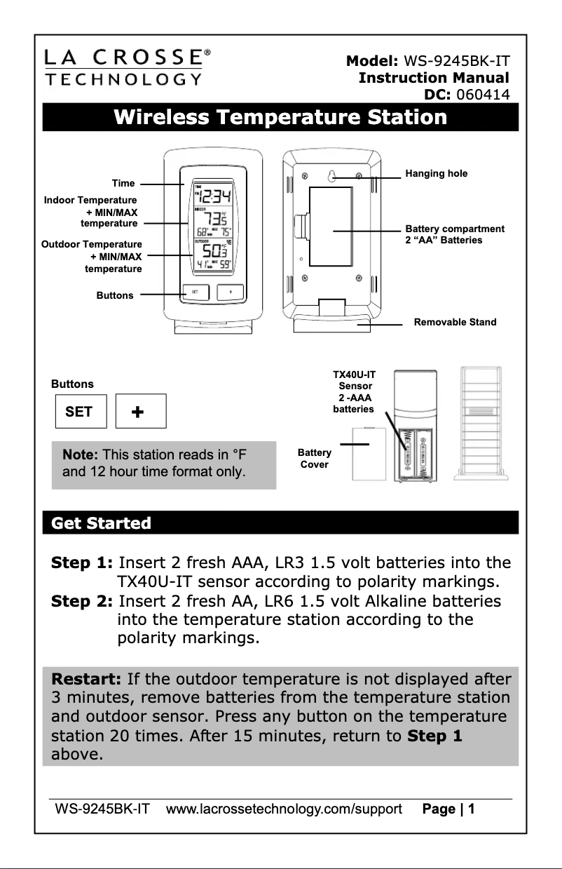 Page n°1 - Manuel utilisateur La Crosse Technology WS-9245UBK-IT