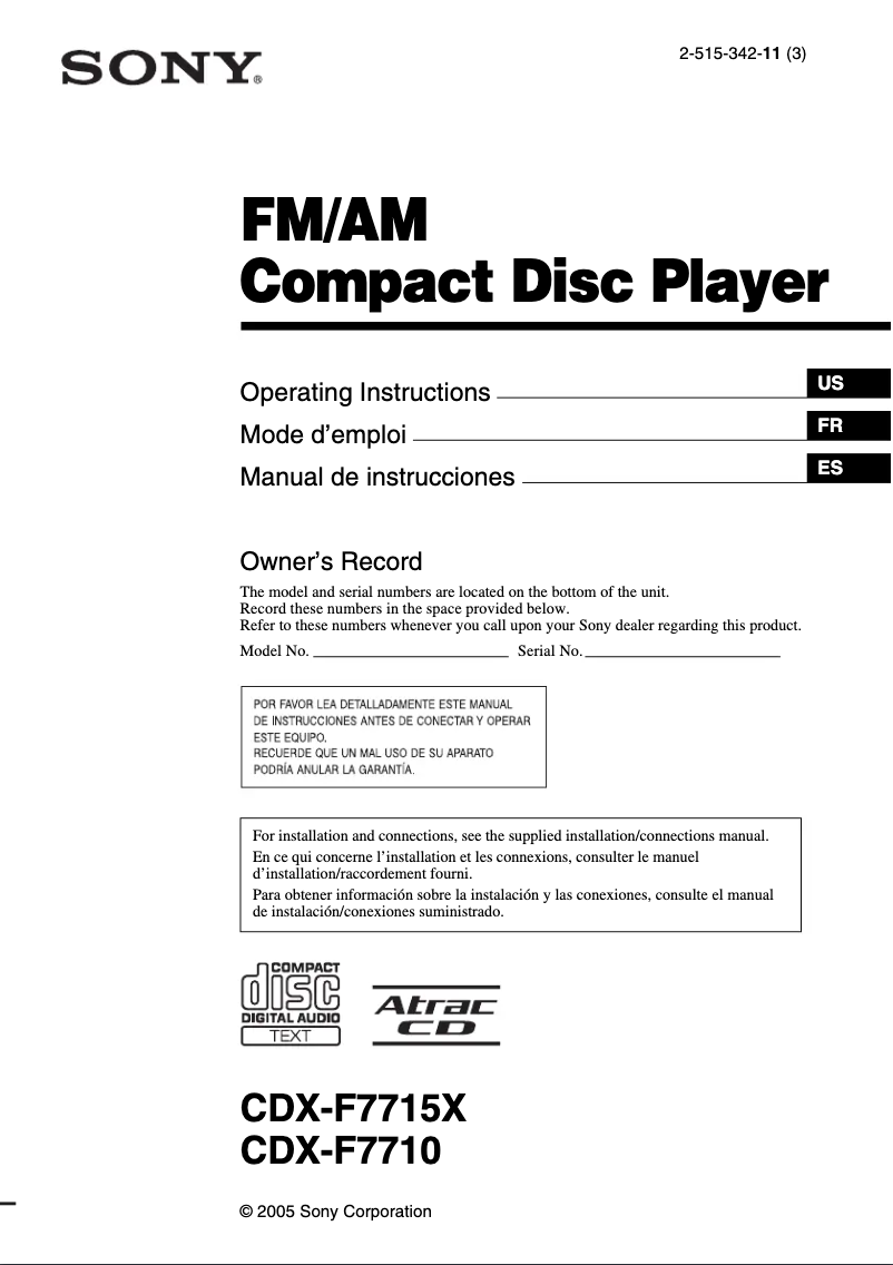 Page 1 de la notice Manuel utilisateur Sony CDX-F7710