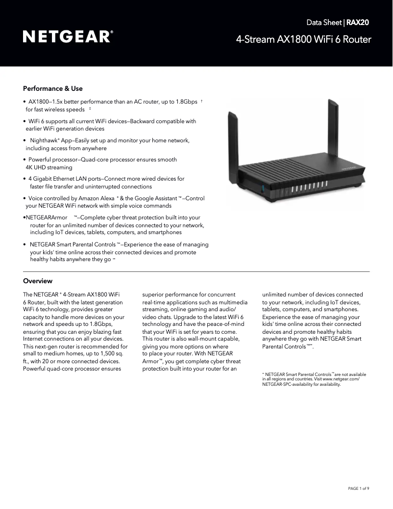 Page 1 de la notice Fiche technique Netgear Nighthawk RAX20