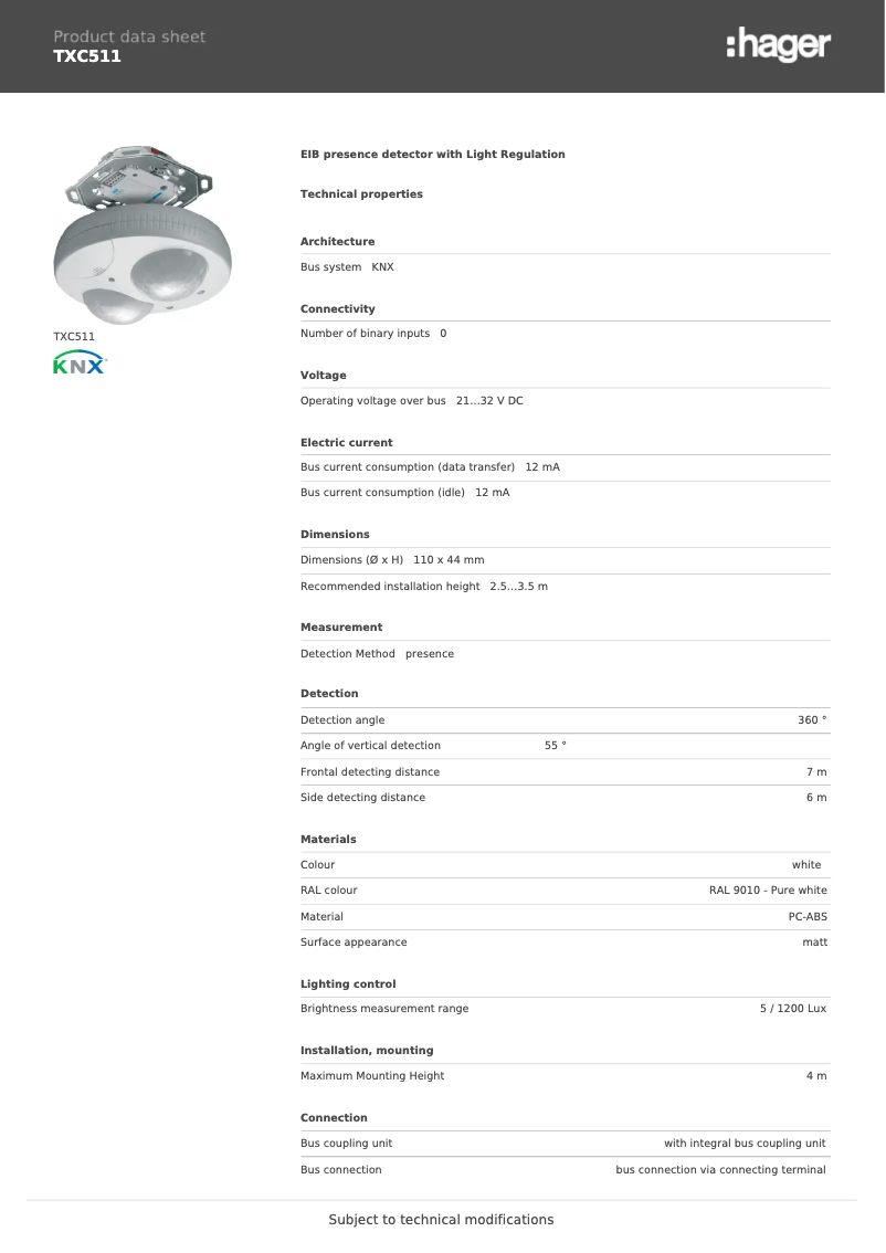 Page n°1 - Fiche technique Hager TXC511