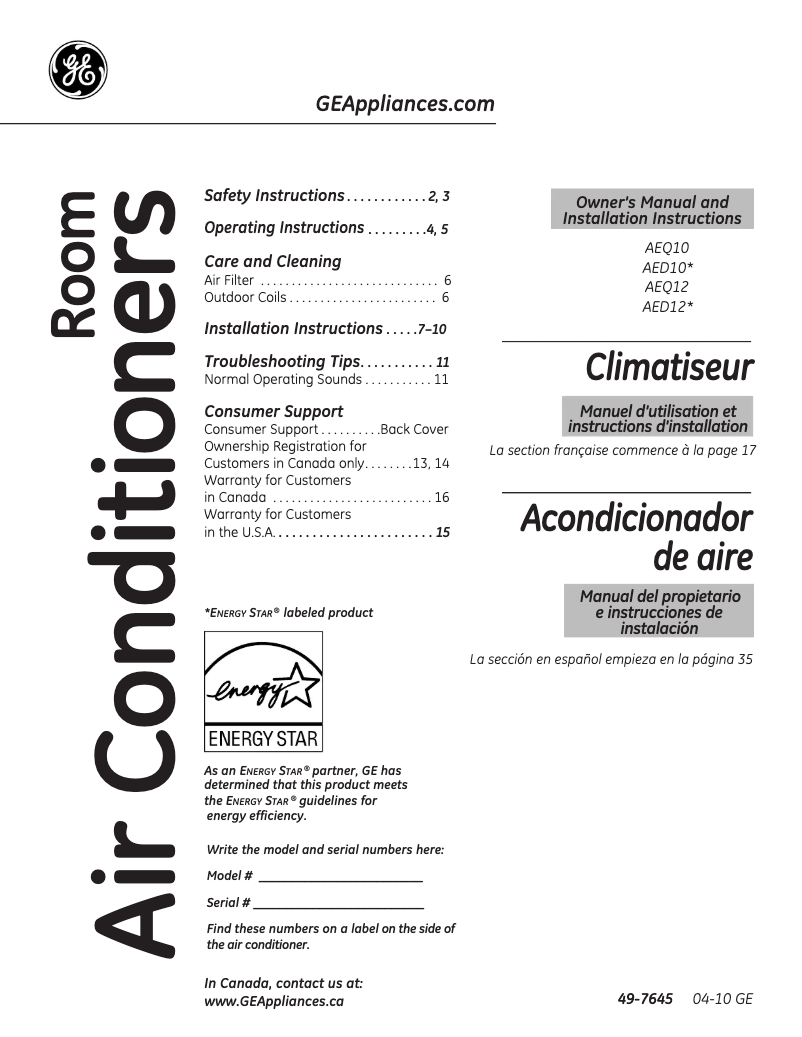 Page 1 de la notice Manuel d'utilisation et d'entretien GE AEW18DN
