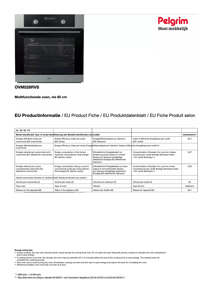 Page 1 de la notice Fiche technique Pelgrim OVM526