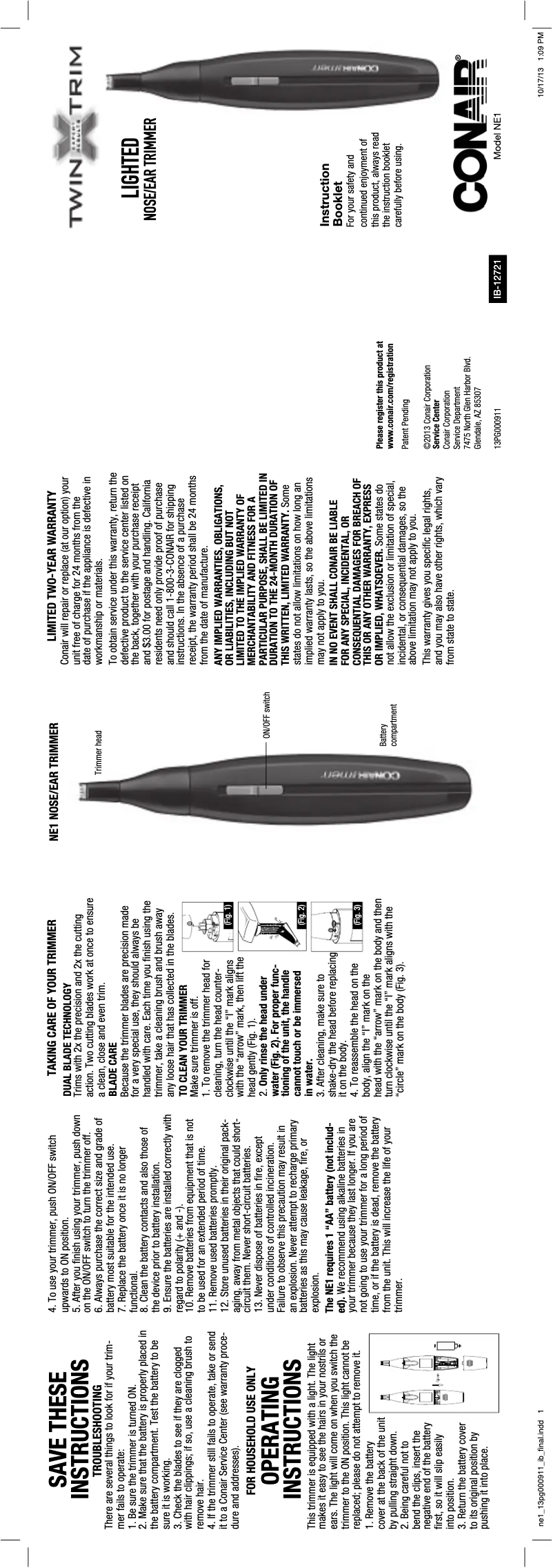 Page 1 de la notice Manuel utilisateur Conair Twin Trim