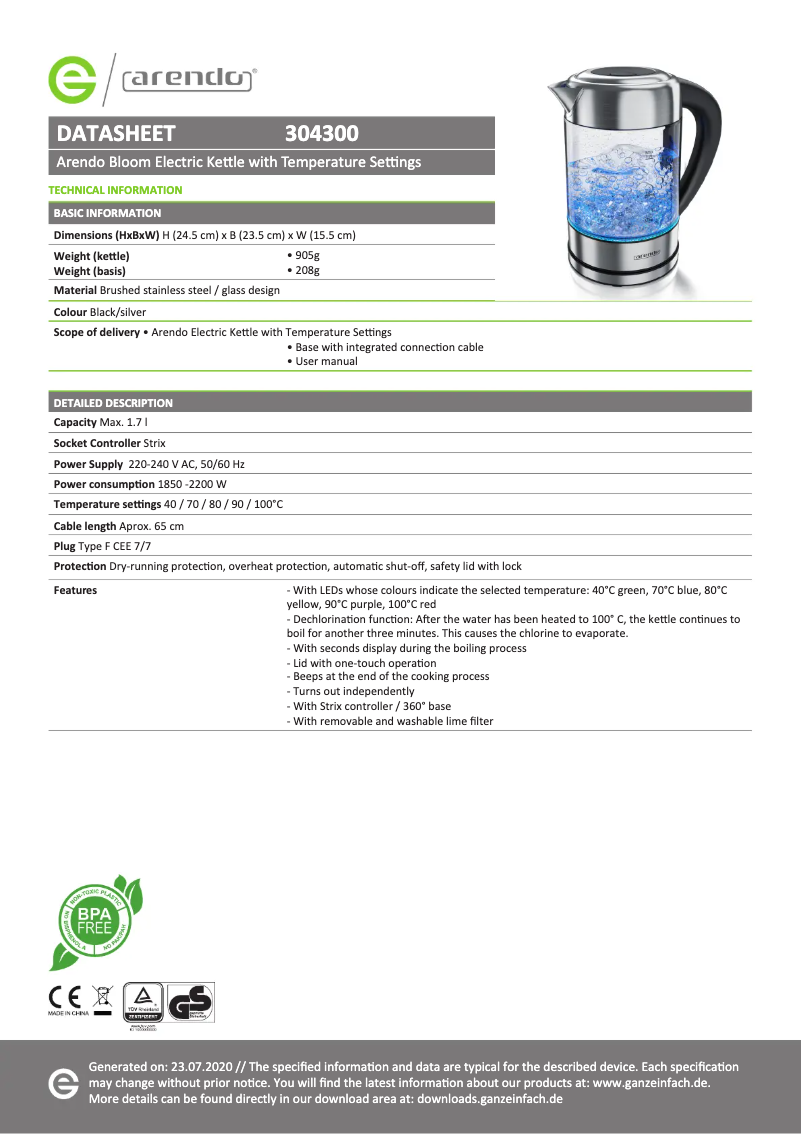 Page 1 de la notice Fiche technique Arendo Bloom 304300