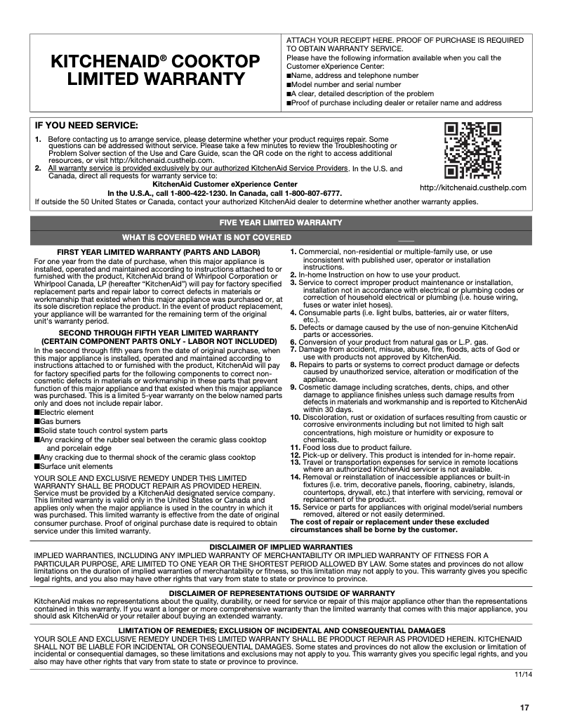 Page 1 de la notice Informations de garantie KitchenAid KGCU407VSS