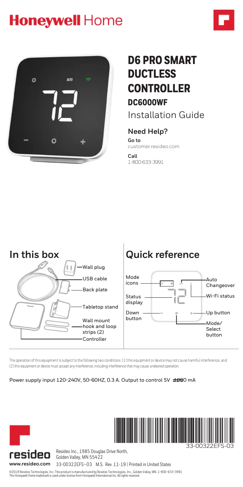 Page 1 de la notice Guide d'installation Honeywell DC6000WF1001/U