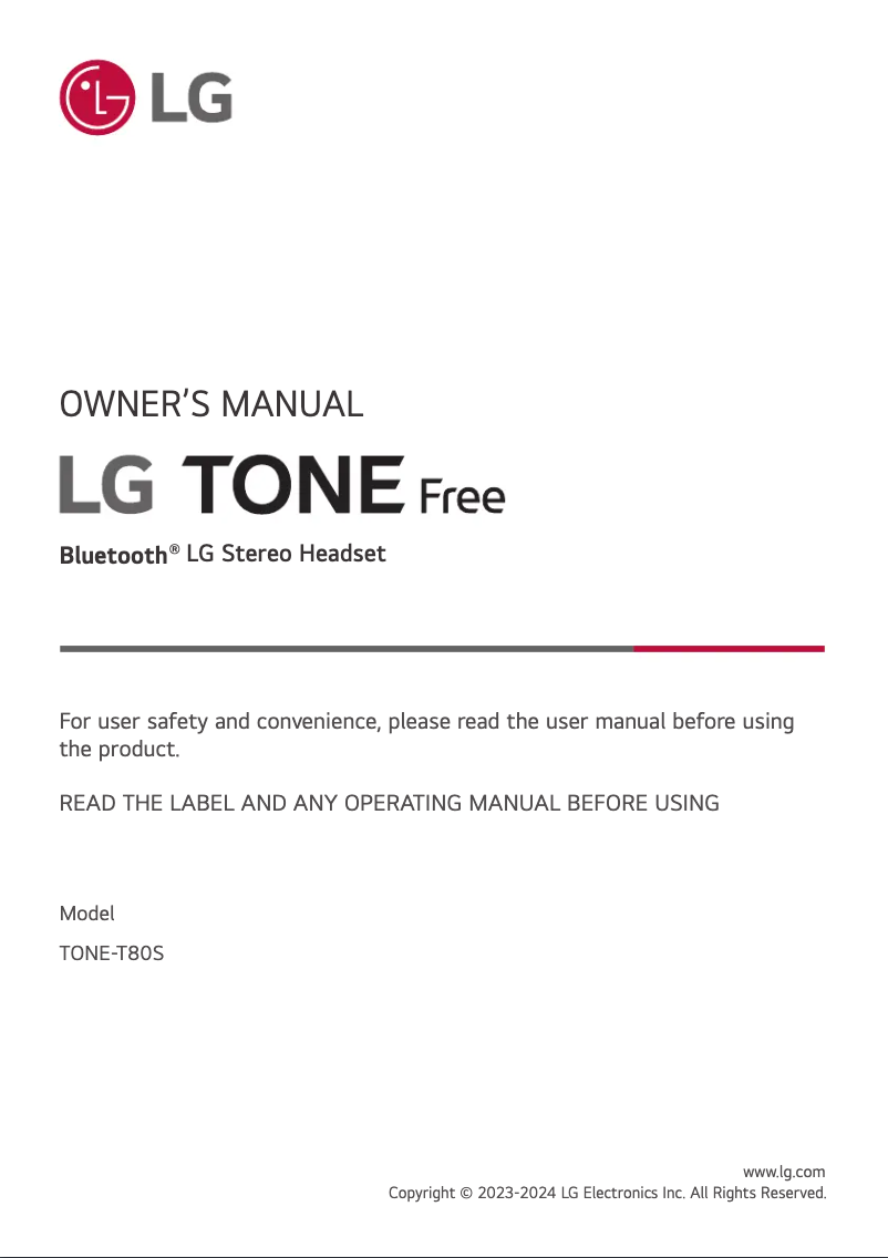 Page n°1 - Manuel utilisateur LG Tone Free TONE-T80S
