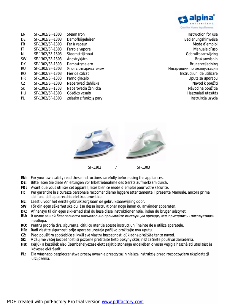 Image de la première page du manuel de l'appareil SF-1303