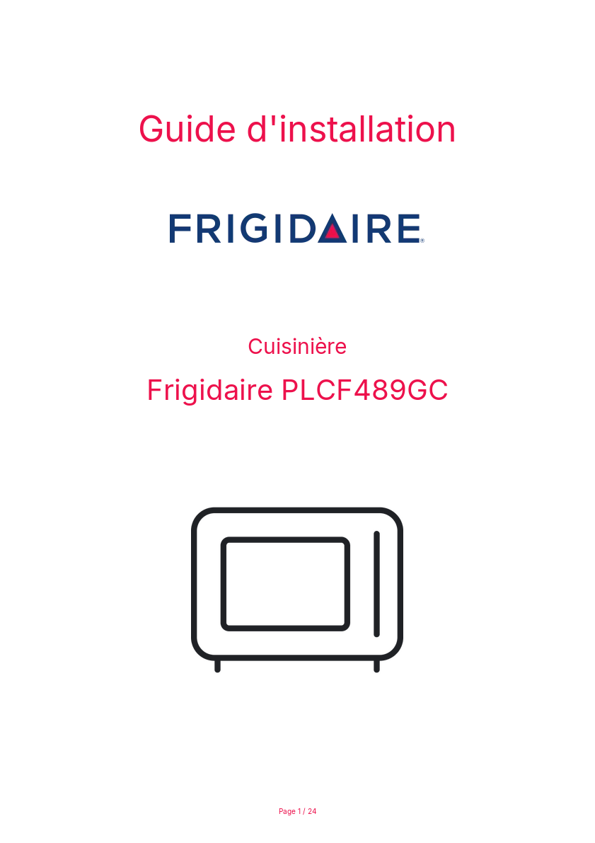 Page n°1 - Guide d'installation Frigidaire PLCF489GC