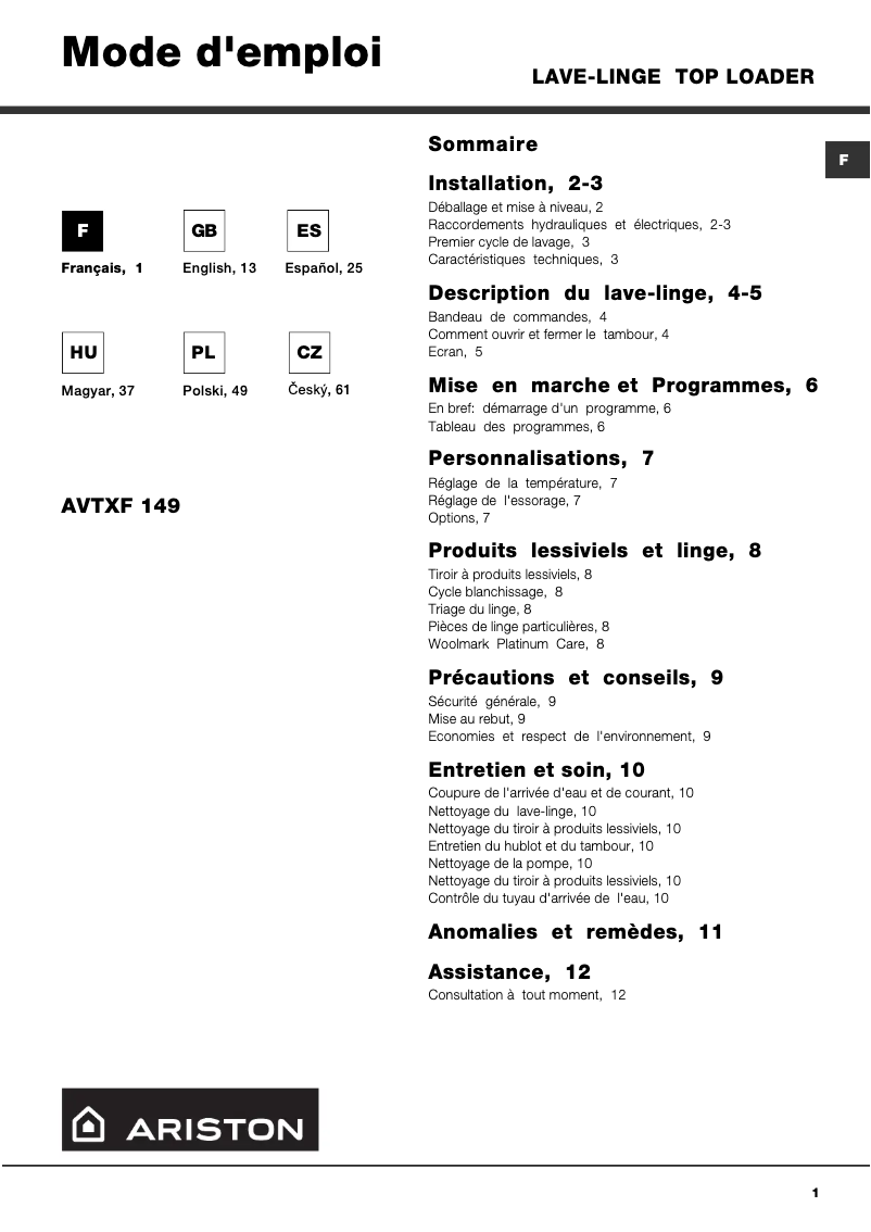 Page n°1 - Manuel utilisateur Hotpoint Ariston AVTXF 149