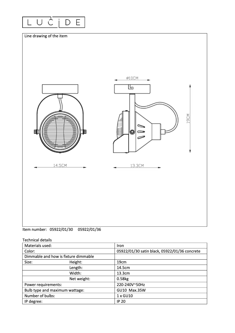 Page n°1 - Manuel utilisateur Lucide Cicleta 05922/01/30