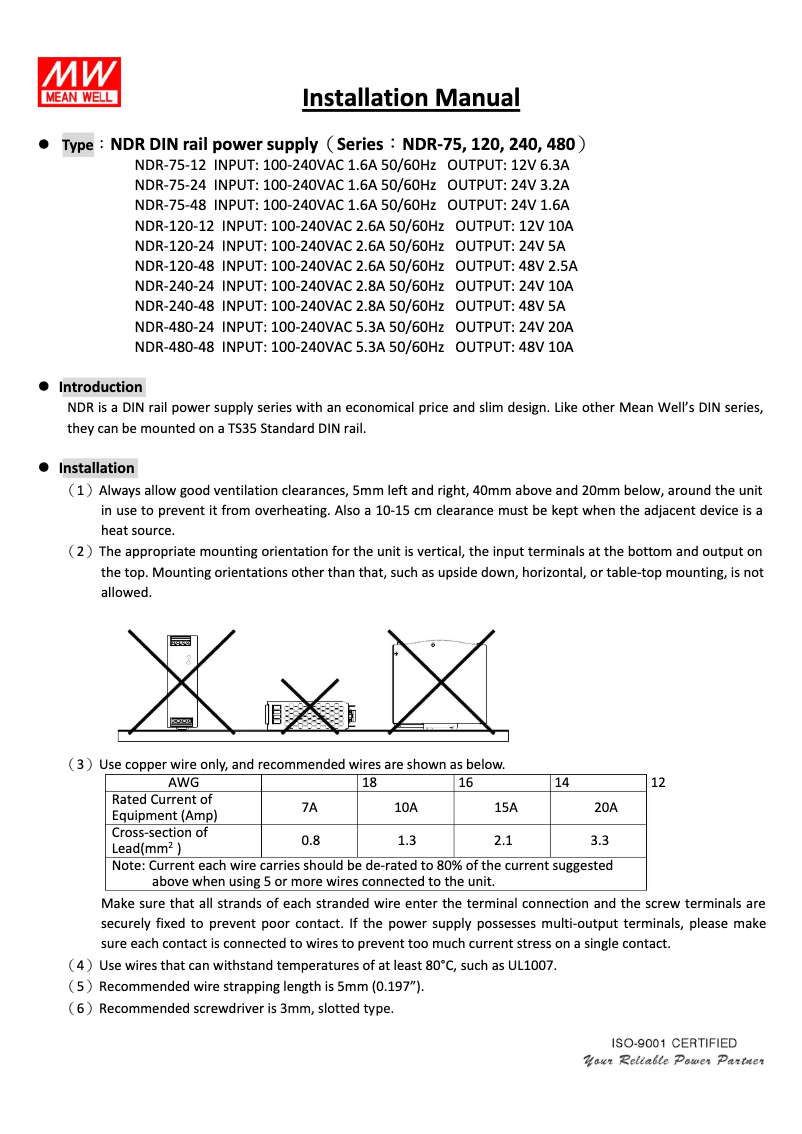 Page 1 de la notice Mode d'emploi Mean Well NDR-240-24