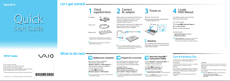 Page 1 de la notice Guide d'installation Sony Vaio VPCX135KX