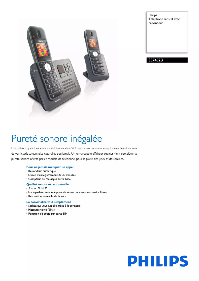 Page 1 of the manual Technical Sheet Philips SE7452B