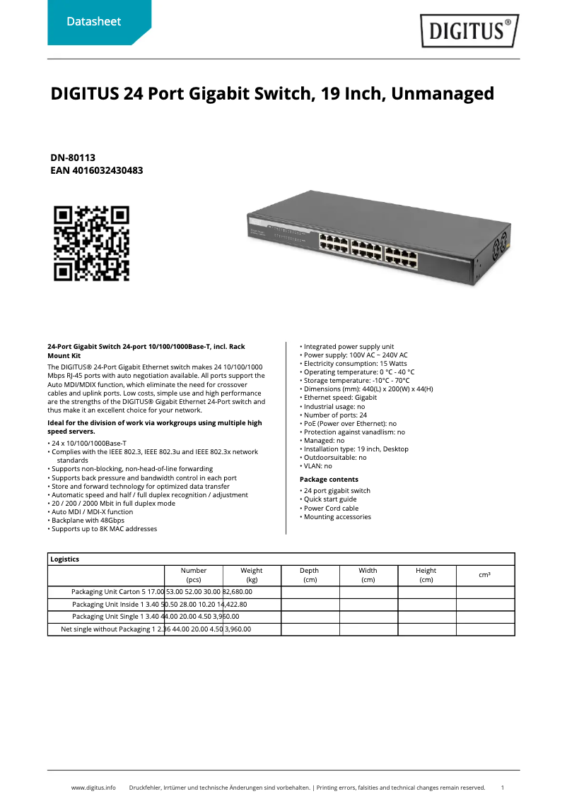 Page n°1 - Fiche technique Digitus DN-80113