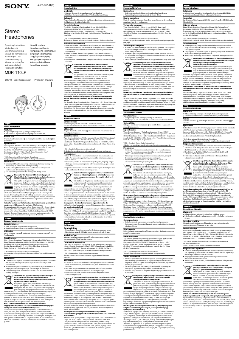 Page 1 de la notice Manuel utilisateur Sony MDR-110LP