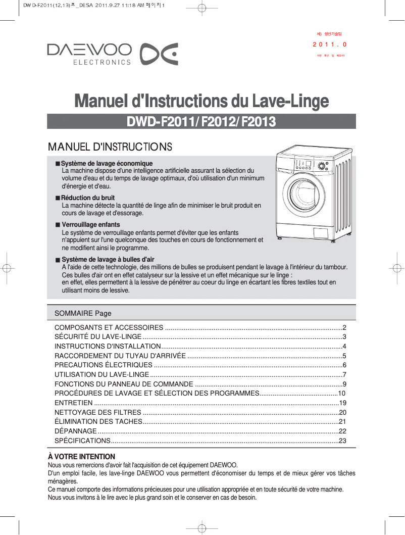Page n°1 - Manuel utilisateur Daewoo DWD-F2011