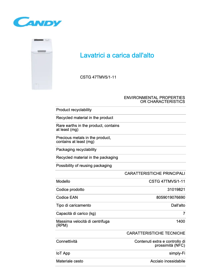 Page 1 de la notice Fiche technique Candy CSTG 47TMV5/1-11