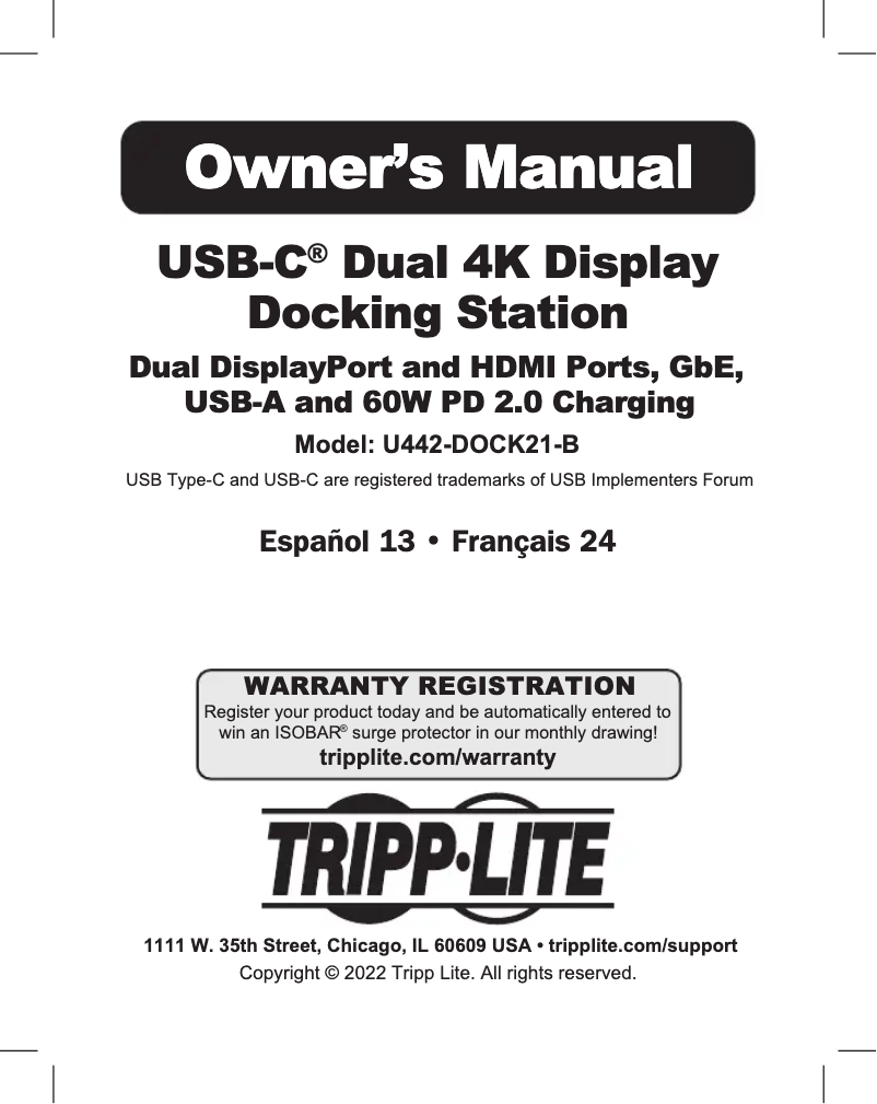 Page 1 de la notice Manuel utilisateur Tripp Lite U442-DOCK21-B