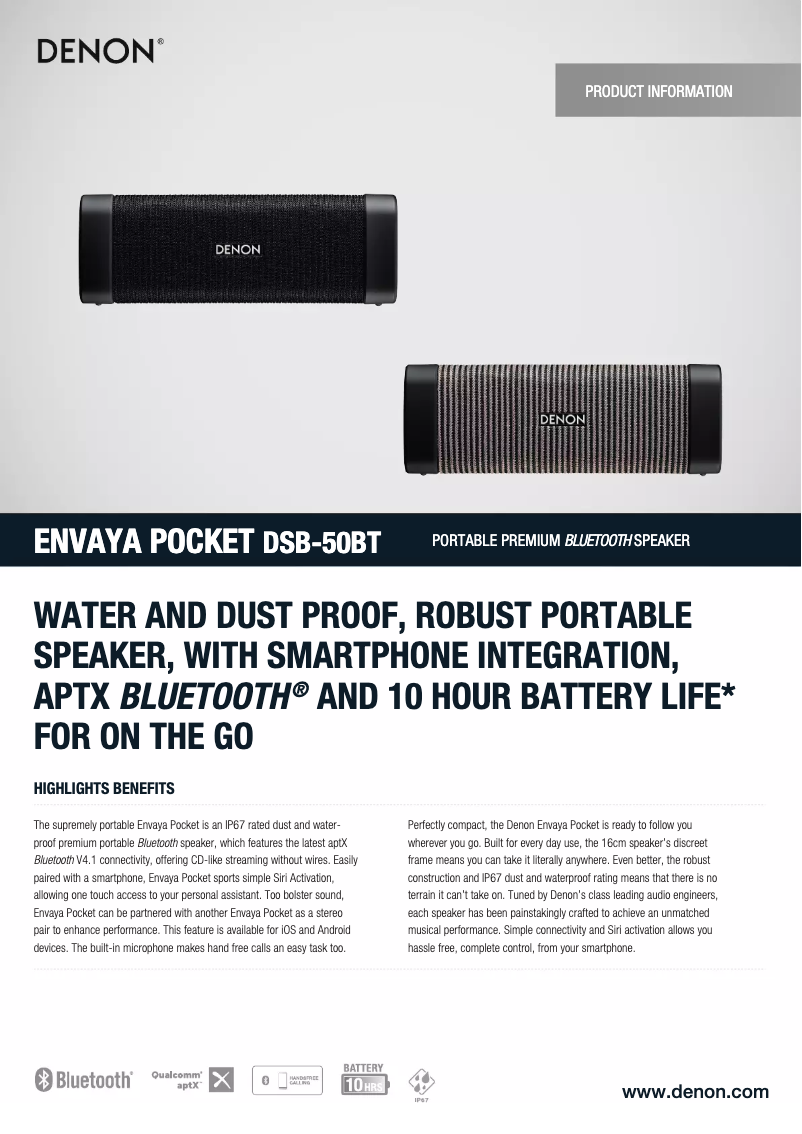 Página 1 del manual Ficha técnica Denon Envaya Pocket DSB-50BT