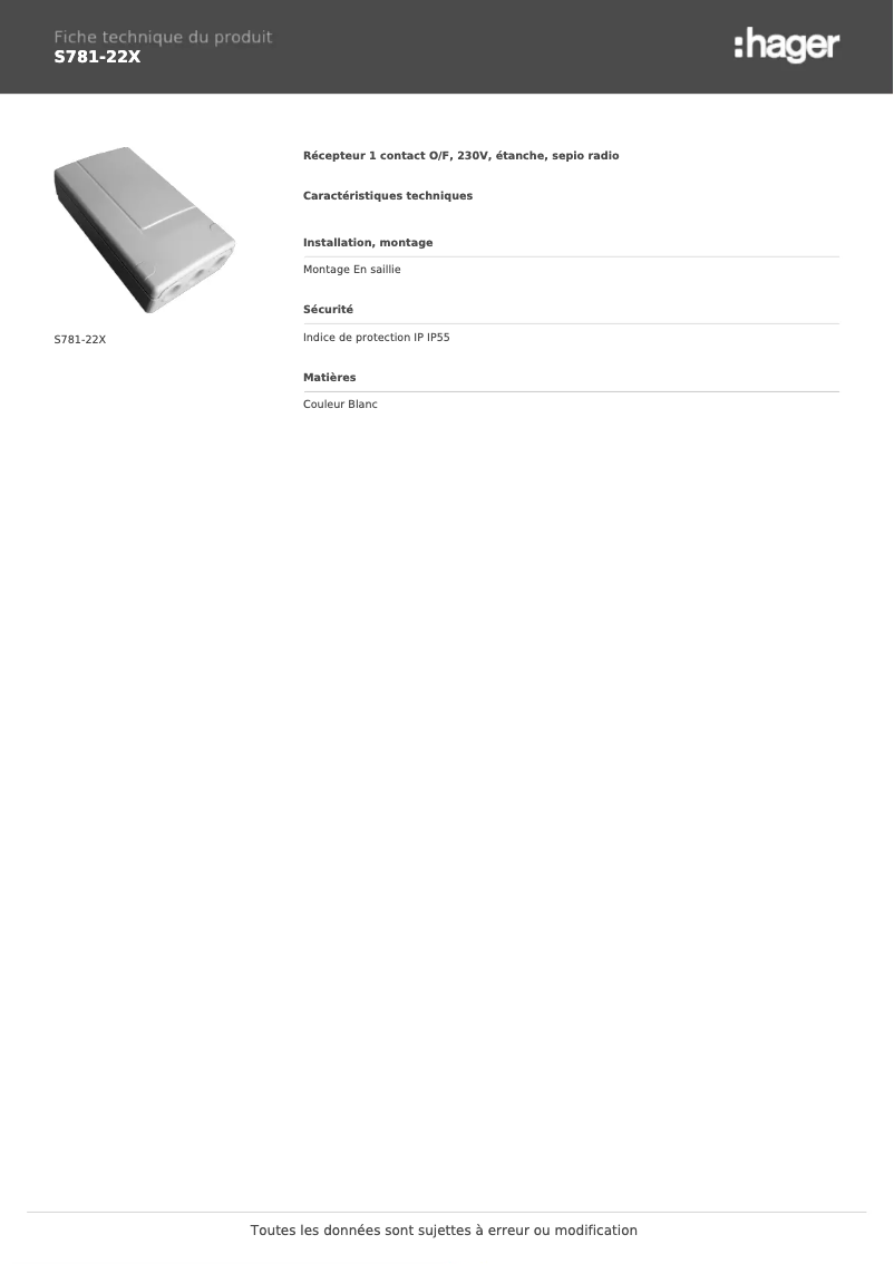 Page 1 de la notice Fiche technique Hager S781-22X