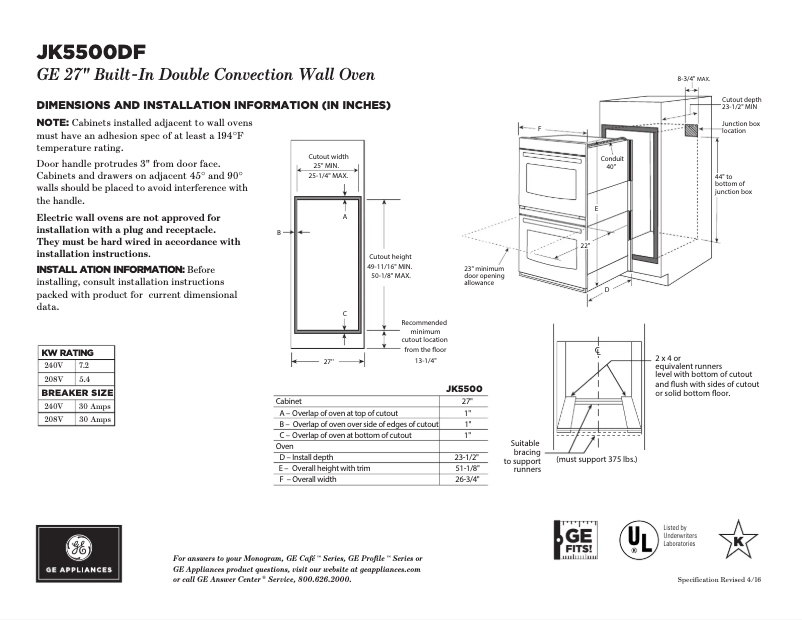 Página 1 del manual Ficha técnica GE JK5500DFBB