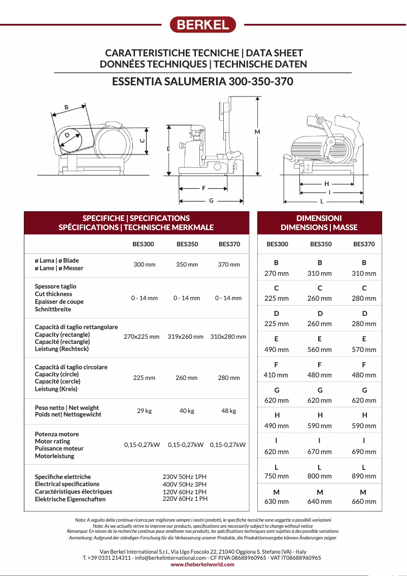 Page 1 de la notice Fiche technique Berkel Essentia Salumeria BES370