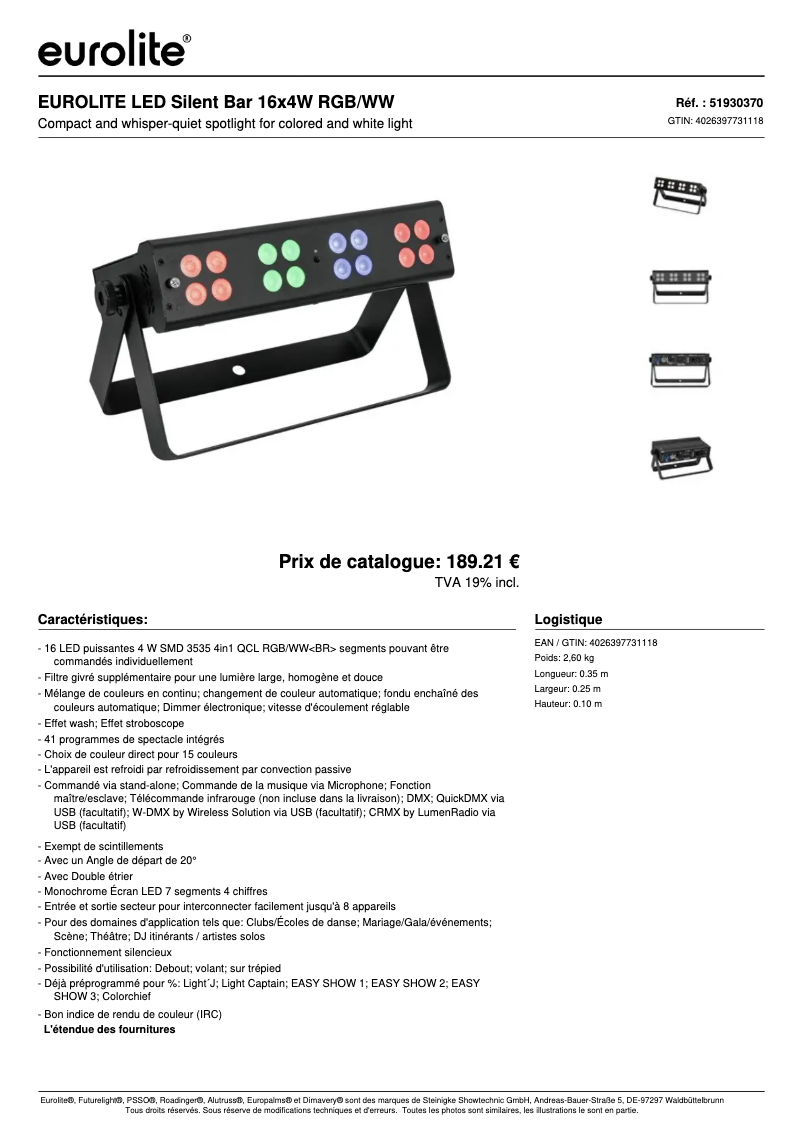 Page n°1 - Fiche technique Eurolite LED Silent Bar